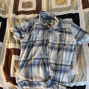 Kuhl Mens Styk Tapered Fit Shirt Short Sleeve Blue Plaid Nylon Pockets Size L